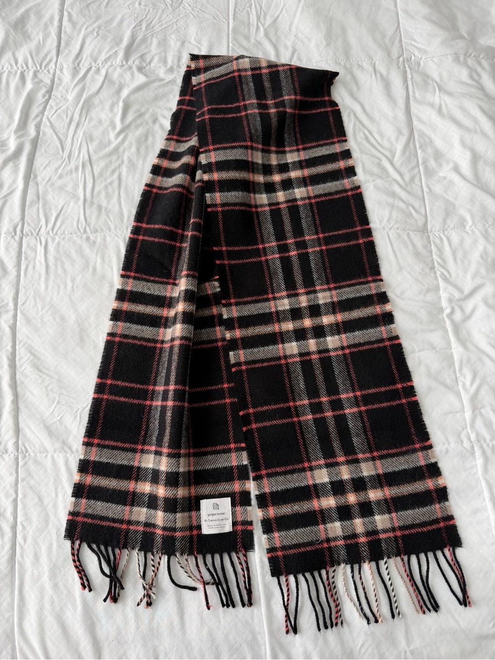 Tartan Scarf Co. 100% Lambswool Plaid Rectangle Scarf Fringe Black Beige Pink